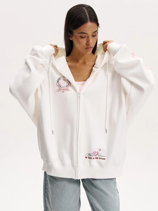 Felpa Con Cappuccio Zip Donna Cotone Oversize Y2K Streetwear Stampa Casual Bianco