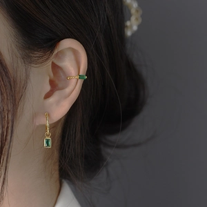 French style gold plated S925 silver C-shape earrings with green emerald zircon