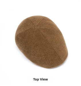 Top view of a brown wool flat cap showing high-quality six-panel stitching detail