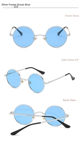 Three-angle view of silver round sunglasses with light blue lenses and metal frames