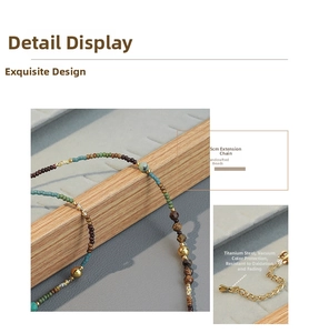 Detail of beaded necklace showing titanium steel extension chain and colorful natural stones
