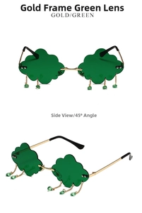 Cloud-shaped green sunglasses with gold frame and hanging emerald crystal charms