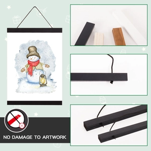 Detailed view of magnetic wooden poster hanger showing cord detail and multi-color wood options
