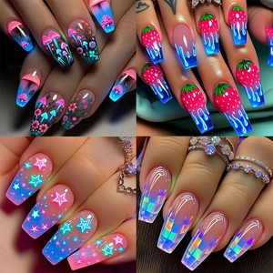 Long Coffin Ballerina Press On Nails Holographic Fluorescent Mushroom Butterfly Designs Colorful ABS Plastic Fake Nails