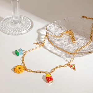 18k gold plated necklace with colorful enamel fast food pendants like fries and milk