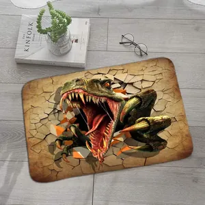 Detail of 3D dinosaur print absorbent flannel floor mat on gray wooden floor