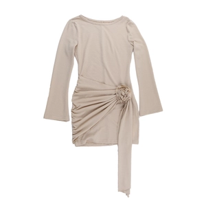 Detail of 3D fabric flower and pleated waist on elegant apricot crew neck mini dress