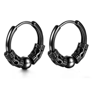 Boucles d'oreilles créoles noires rétro en acier avec motif de dragon en relief