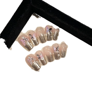 Silver mirror butterfly press-on nails with metal gradient and pearl accents
