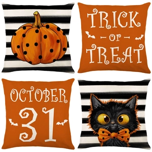 Set of 4 linen Halloween pillow covers with orange pumpkin and black cat designs