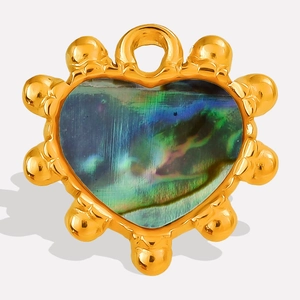 Detailed macro view of heart pendant featuring iridescent abalone shell inlay with gold plating