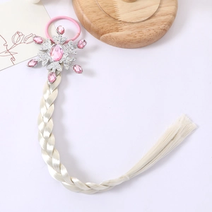 Kids wig hair extension braided blonde hair tie with sparkling snowflake rhinestone hairpin.