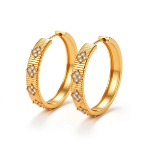 18k gold plated hoop earrings with zircon clover charms and textured horizontal stripes