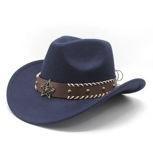 Detail of navy blue felt cowboy hat featuring leather band with metallic star studs