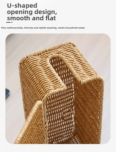 Macro detail of Nordic faux rattan cable box showing U-shaped opening and woven texture