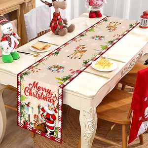 Christmas Table Runner Polyester Santa Claus Reindeer Cardinal Bird Holiday Dining Party Decor Festive Ornament