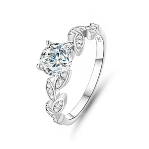 Elegant S925 sterling silver leaf ring with brilliant round moissanite center stone