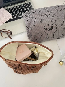 Corduroy makeup pouch with cute bear print for daily cosmetics storage and travel