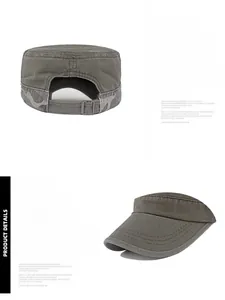 Dettaglio del cappello militare in cotone grigio-verde con inserti mimetici e fibbia