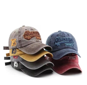 Vintage washed cotton baseball caps with distressed embroidery in five various colors