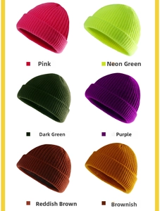 Grid view of ribbed knit beanies in six colors including pink, neon green, and purple