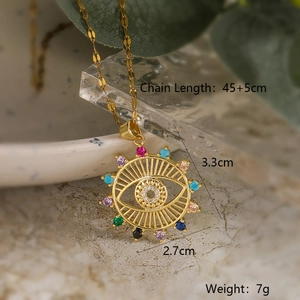 18K gold plated sun pendant necklace with colorful evil eye stone setting and size specs