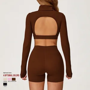 Damen rückenfreies Yoga-Oberteil und High-Waist-Sportshorts-Set in Dunkelbraun
