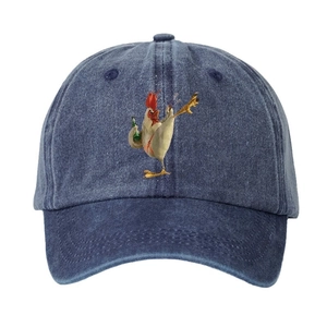 Vintage washed blue denim baseball cap with funny cartoon rooster graphic for men and women