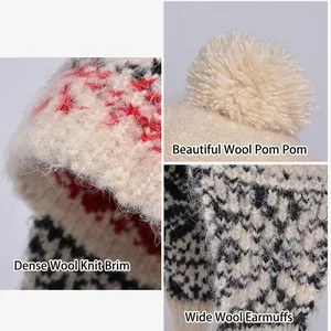 Winter striped knit trapper hat with earflaps and large pompom in cream white wool