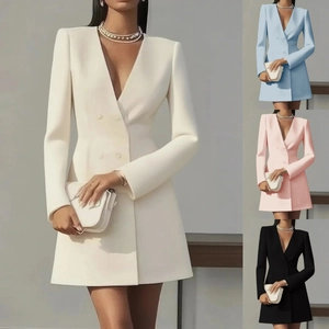 Damen Langarm V-Ausschnitt Zweireihiges Blazer Kleid Elegant Einfarbig Slim Fit Büro Mini Kleid Polyester