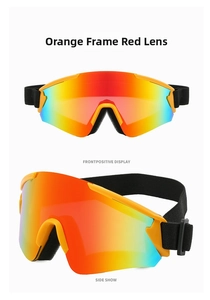Front and side view of orange frame ski goggles with colorful red rainbow lenses