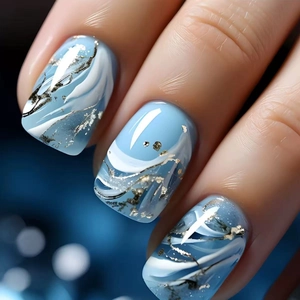 Blue Marble Wave Press On Nails Gold Foil Smudge Art French Style Short Square Artificial False Fingernails