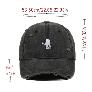 Detailed size specifications for washed cotton baseball cap with ghost embroidery