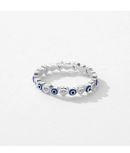 Detail of silver S925 heart ring with blue evil eye enamel and zircon stones