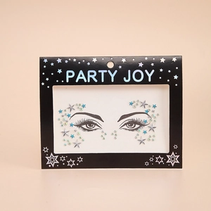 Detailed view of self-adhesive face jewels kit with blue and clear star-shaped resin rhinestones