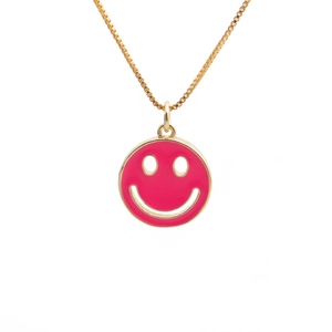 Minimalist gold plated necklace with a vibrant pink enamel smiley face pendant