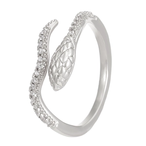 Detailed close-up of a silver snake ring featuring scales and sparkling zircon inlay