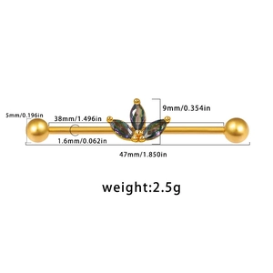 Barbell industriel doré avec trois cristaux AB marquise et détails de mesure
