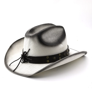 Silver western cowboy hat with black gradient brim and studded leather band