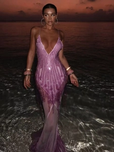 Elegantes lila Pailletten-Maxikleid mit V-Ausschnitt und Neckholder für Abendpartys