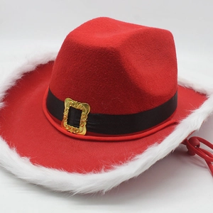 Detail of red Christmas cowboy hat with plush white trim and golden belt buckle