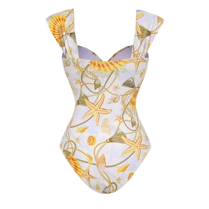 Detail of long-sleeve swimsuit with colorful starfish shell prints and heart neckline