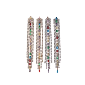 Elegant long fringe tassel earrings featuring colorful rectangular crystals and silver chains