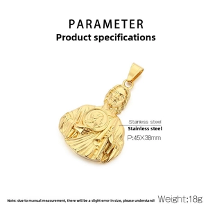 Detailed view of Saint Jude pendant in gold-plated stainless steel measuring 45x38mm