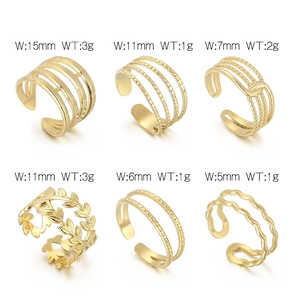 Detailed size chart for 18K gold leaf rings with widths and weights for each style