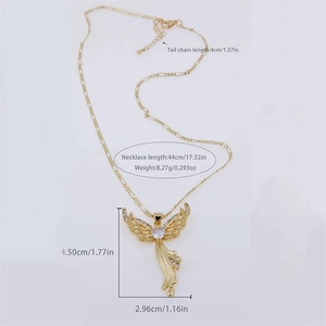18K gold plated copper angel wing necklace with heart cubic zirconia and size dimensions