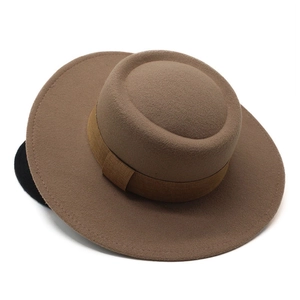 Flat top wool felt wide brim boater hat for men and women in camel and black