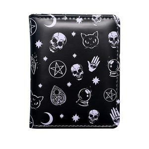 Gothic skull and occult pattern print bifold wallet in black faux leather finish