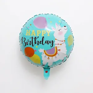 18 inch round llama birthday balloon in sky blue foil with Happy Birthday text