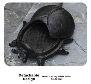 Macro view of vintage cast iron ladybug key box with detachable lid for storage